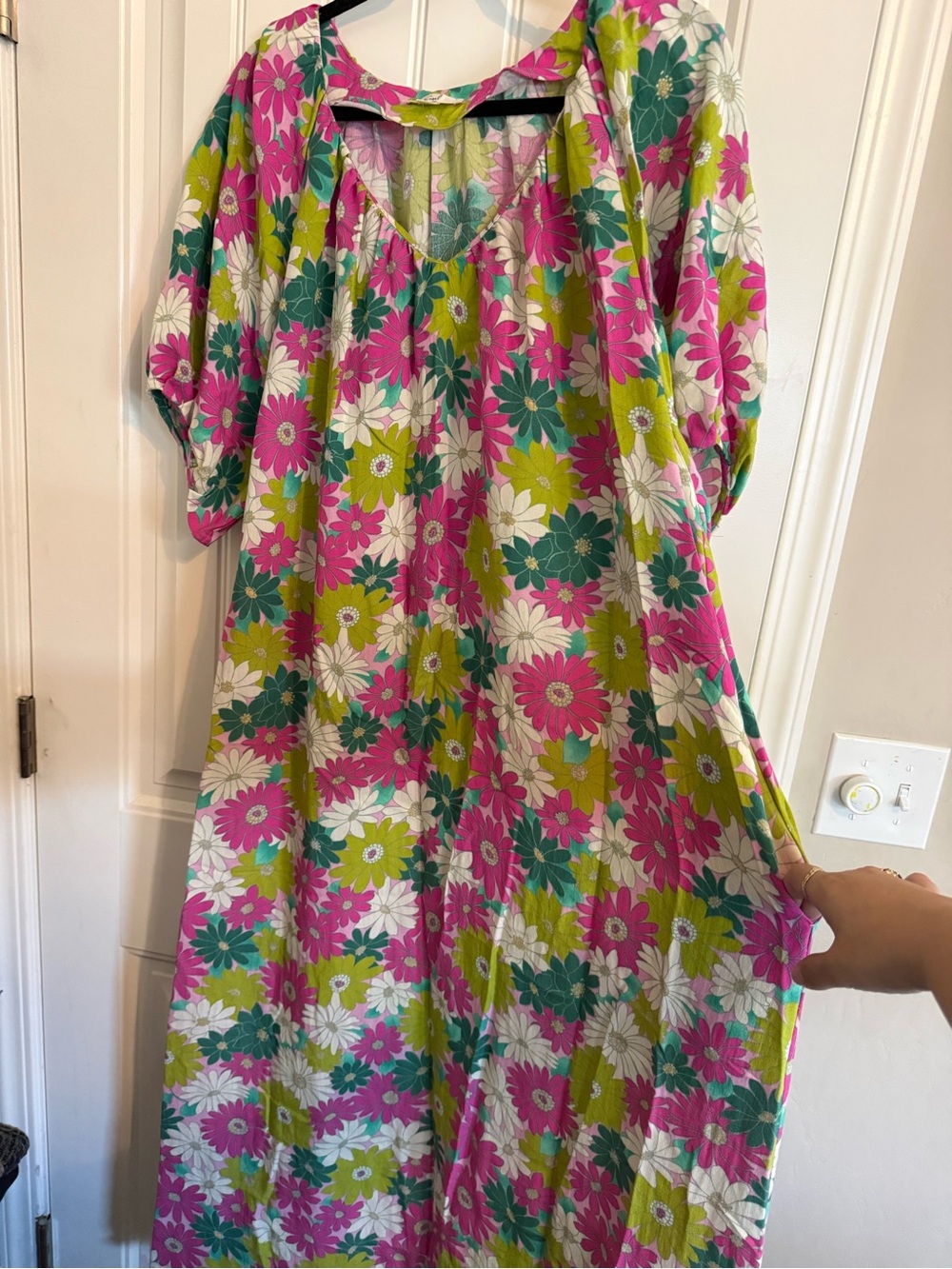 easel Pink, Green & White Floral Casual Midi Dress
